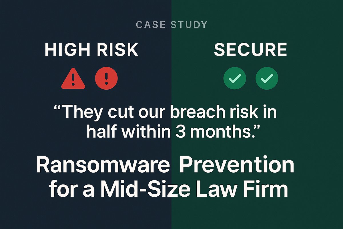 ransomware_case_study_wordpress | SOClogix Split graphic showing “High Risk” with red warning icons on the left and “Secure” with green check marks on the right, featuring a law firm ransomware prevention case study quote.