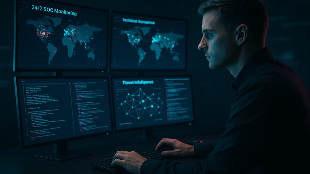SOC_Analyst_Hero_1920x1080_Optimized | SOClogix SOC Analyst looking at four monitors