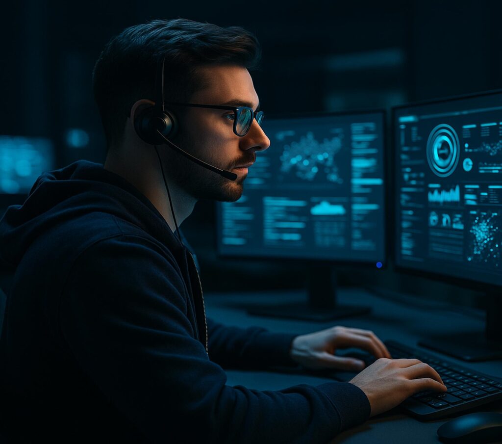 Cybersecurity analyst wearing a headset working at multiple monitors glowing with blue data visuals in a dark operations center.