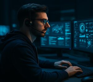 soc-contactus | SOClogix Cybersecurity analyst wearing a headset working at multiple monitors glowing with blue data visuals in a dark operations center.